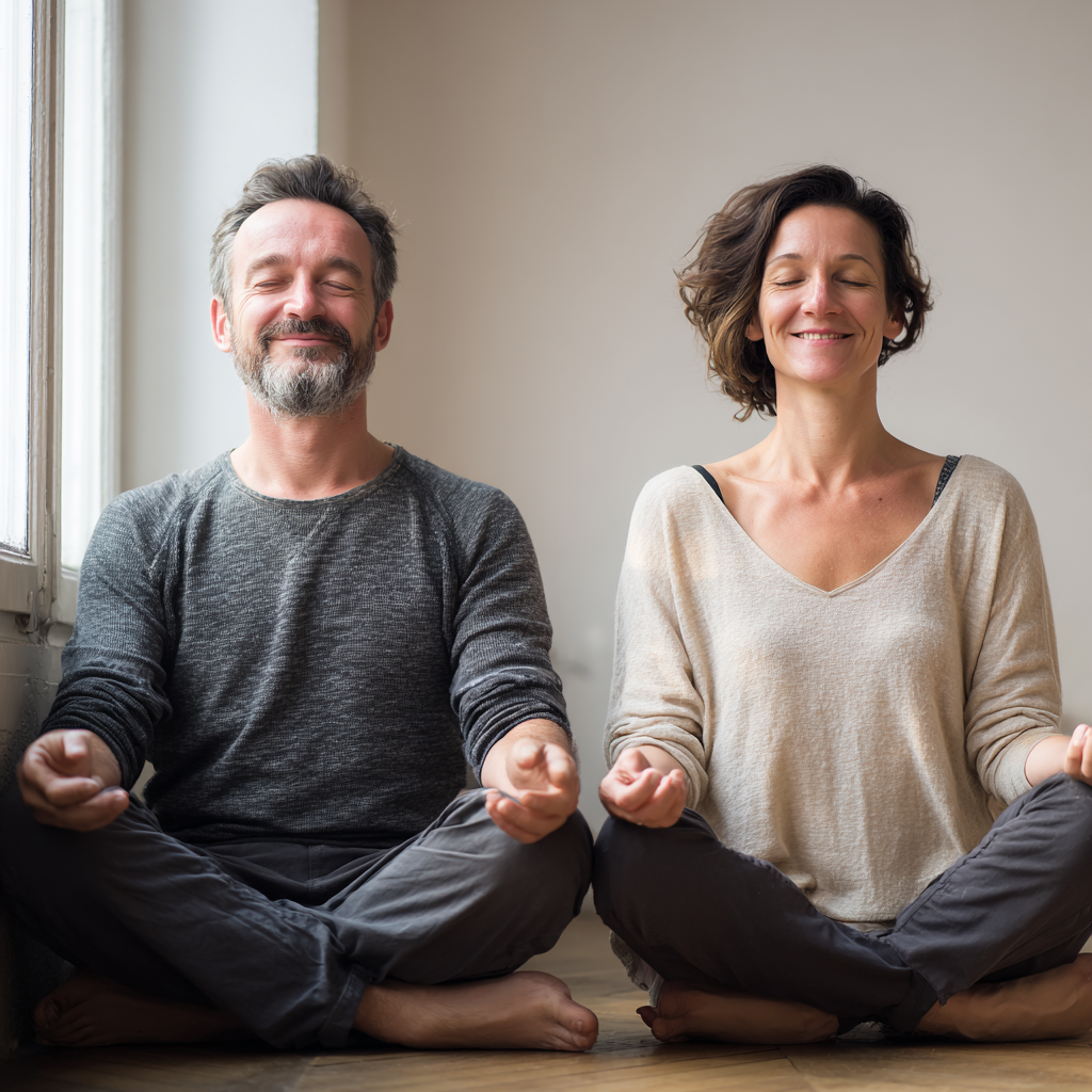 Затишна йога-студія з теплим освітленням, де група людей європейської зовнішності різного віку практикує йогу з посмішками